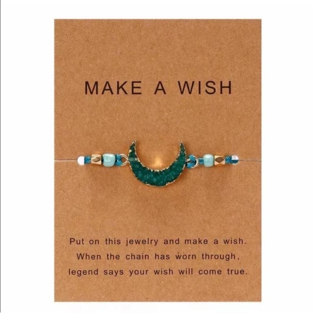 New Green & Gold Moon Wish Crystal Moon Druzy Stone Beaded Adjustable Bracelet